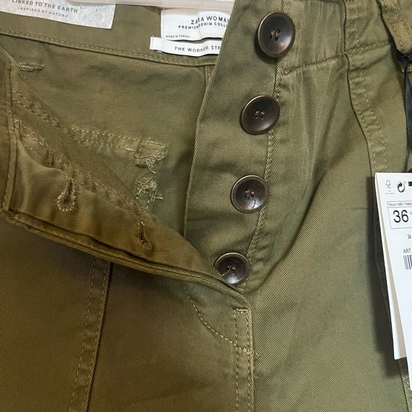 Zara Woman Premium Denim Collection Worker Straight Green Pants Size 36 NWT - Picture 7 of 10